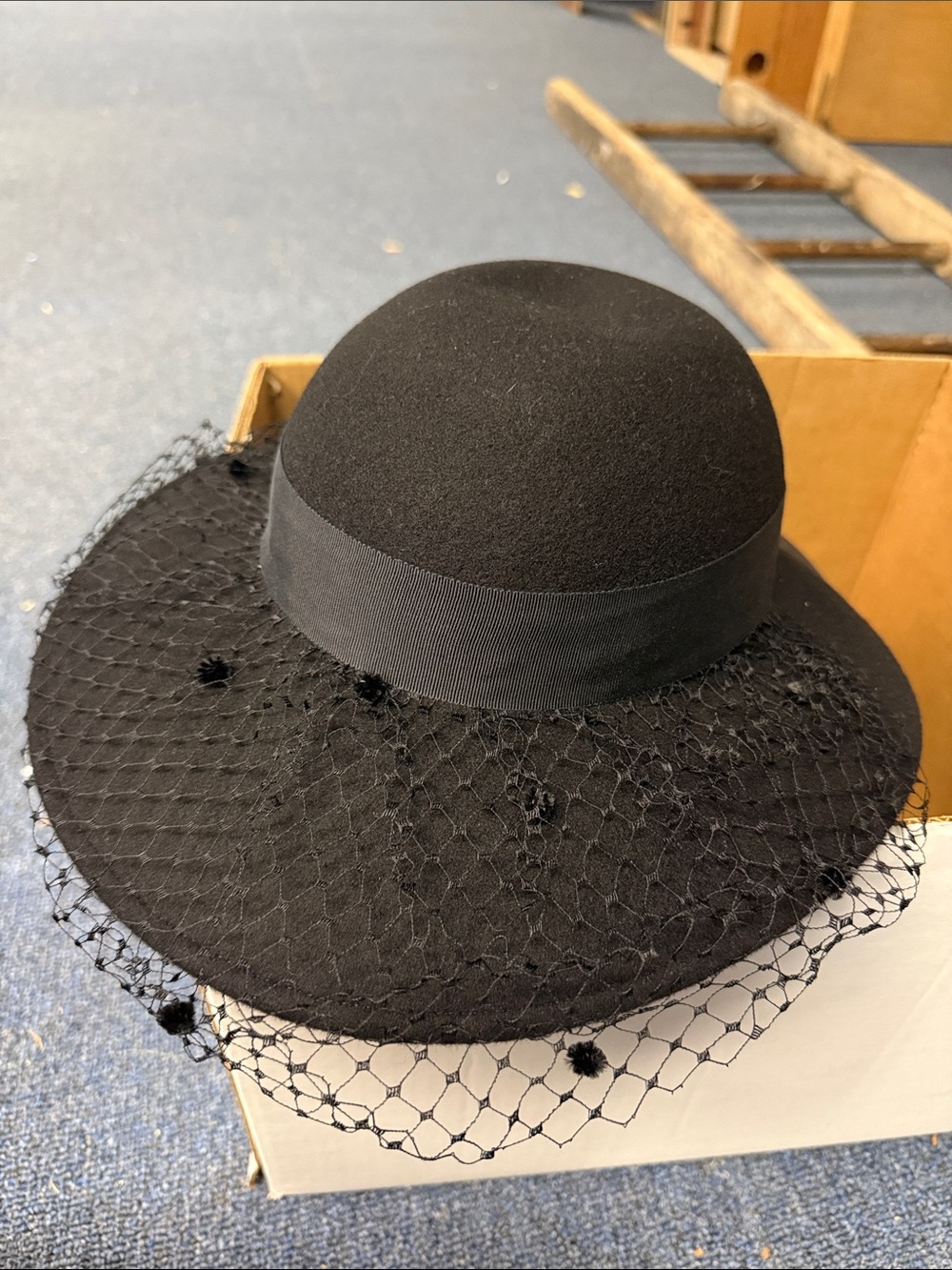 Black Veiled Wool Felt Wide-Brim Hat